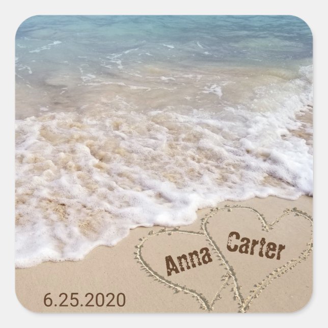 wedding seashore with beach hearts square sticker (Front)