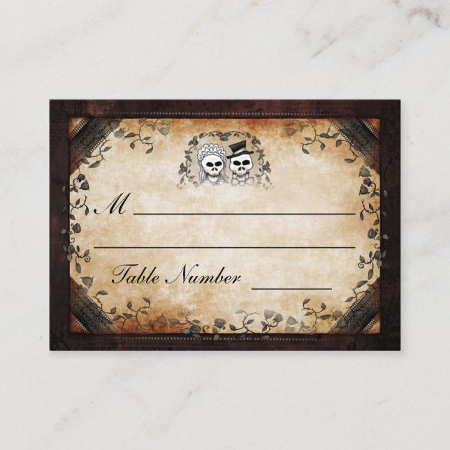 Wedding Seating - Brown Gothic Halloween Skeletons Place Card (Front)