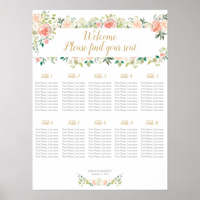 Wedding seating chart 10 tables | Blush roses (Front)