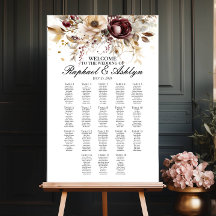 Wedding seating chart 18 tables, burgundy peonies
