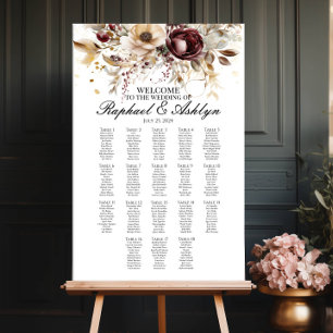 Wedding seating chart 18 tables, burgundy peonies