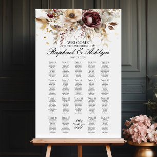 Wedding seating chart 19 tables, burgundy peonies