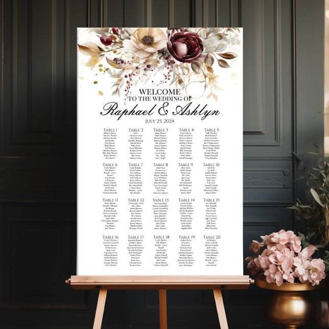 Wedding seating chart 20 tables, burgundy peonies (Creator Uploaded)