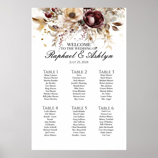 Wedding seating chart 6 tables, burgundy peonies (Front)