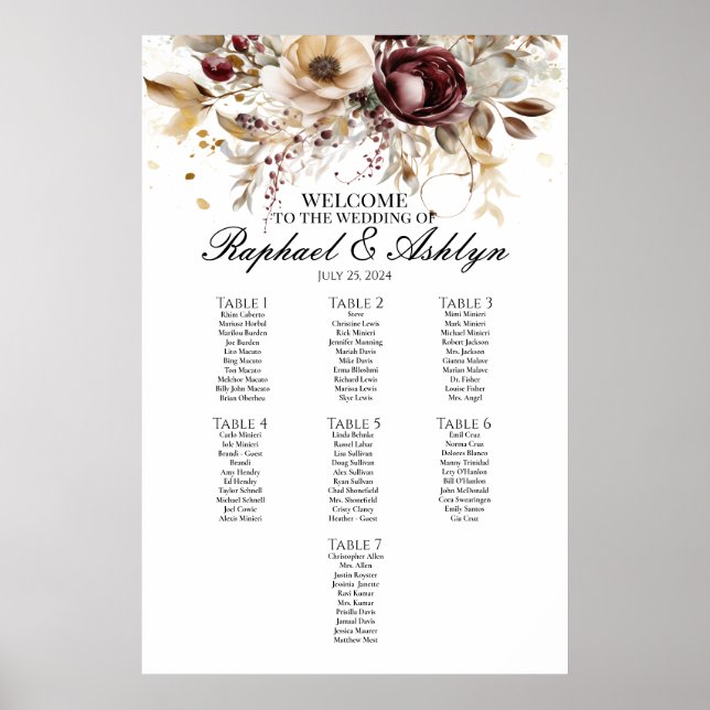 Wedding seating chart 7 tables, burgundy peonies (Front)