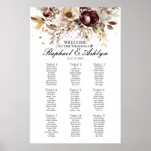 Wedding seating chart 9 tables, burgundy peonies