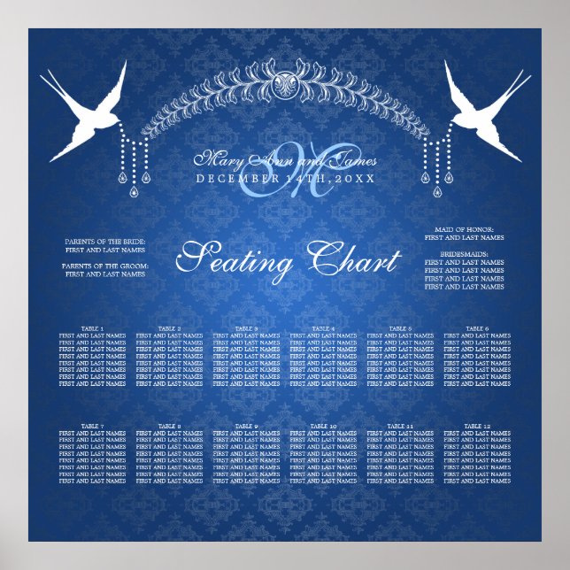 Wedding Seating Chart Birds Monogram Blue (Front)