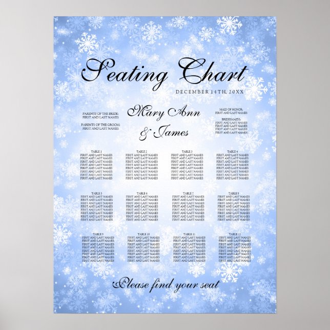 Wedding Seating Chart Blue Winter Wonderland (Front)