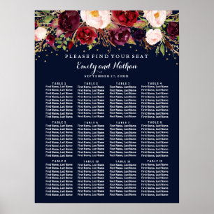 Wedding Seating Chart Burgundy Gold Navy Floral