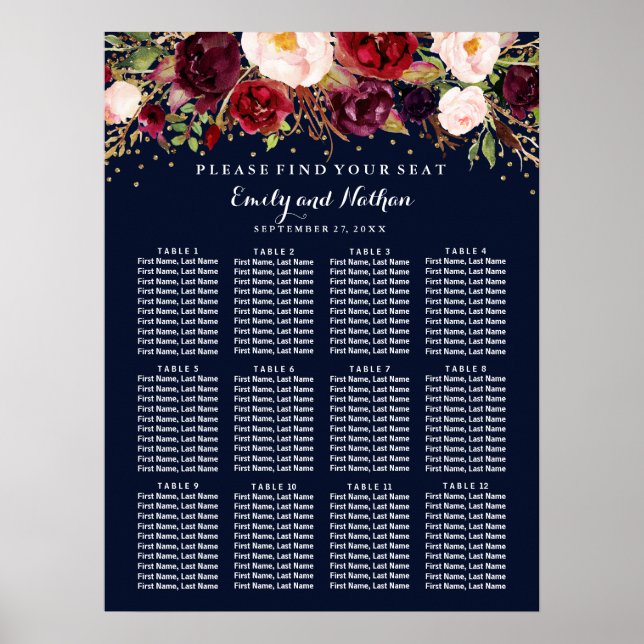 Wedding Seating Chart Burgundy Gold Navy Floral (Front)