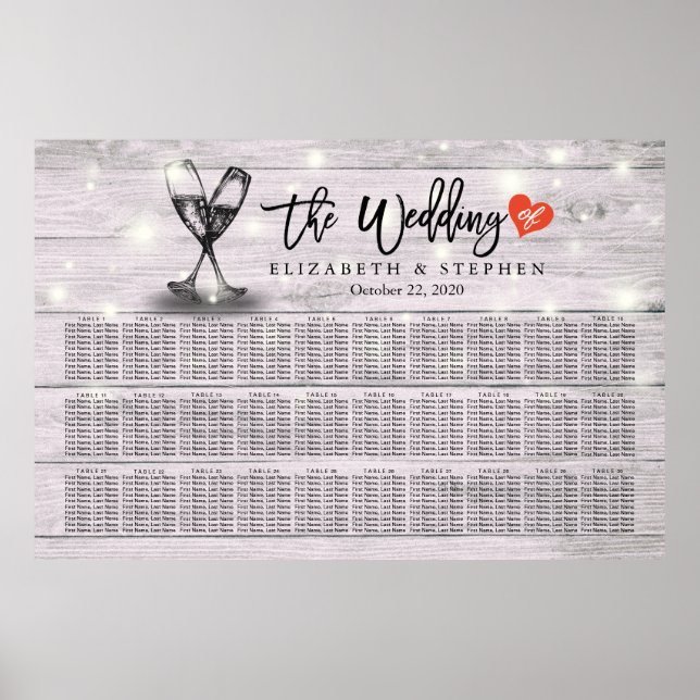 Wedding Seating Chart Champagne Glasses Wood Light (Front)