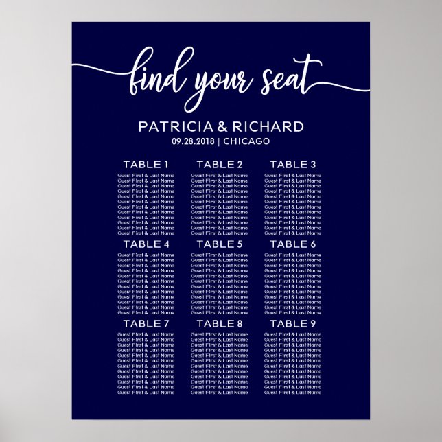Wedding Seating Chart Chic Calligraphy Navy Blue (Front)