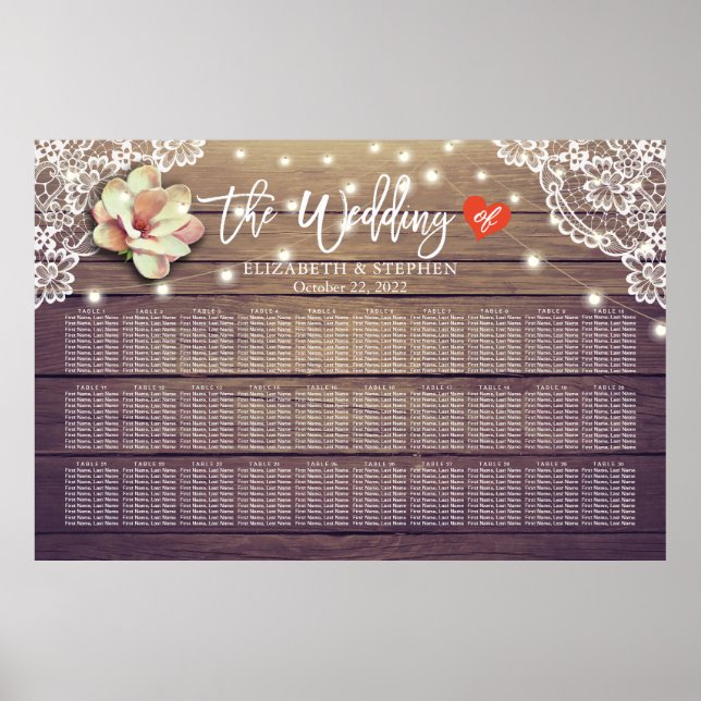 Wedding Seating Chart Chic Floral Lights Wood Lace (Front)