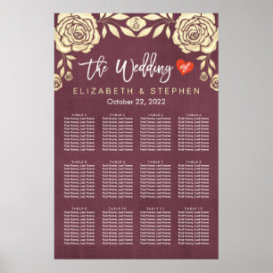 Wedding Seating Chart Chic Gold Roses Burgundy Red