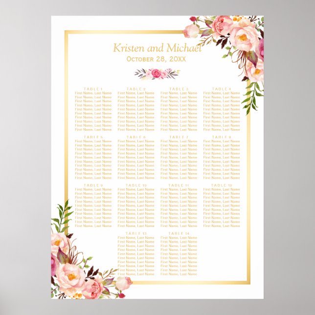 Wedding Seating Chart Classy Chic Floral Gold (Front)