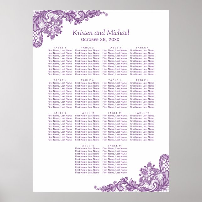 Wedding Seating Chart Classy Floral Purple Lace (Front)