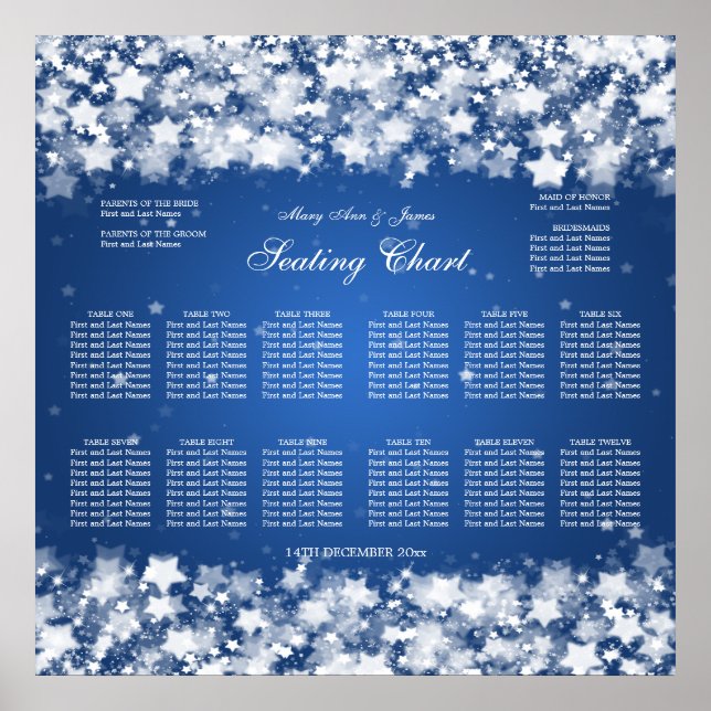 Wedding Seating Chart Dazzling Stars Blue (Front)