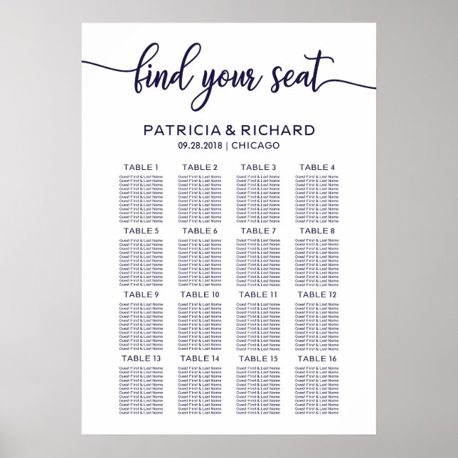 Wedding Seating Chart Elegant Chic Navy Blue (Front)