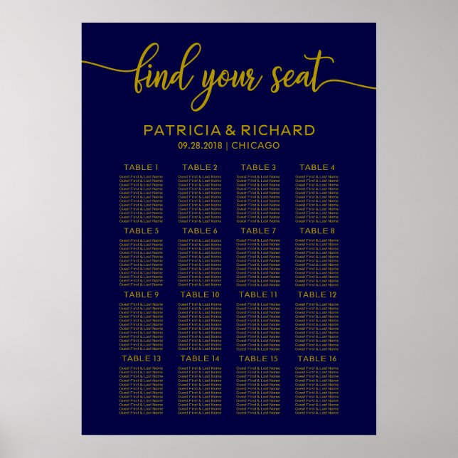 Wedding Seating Chart Elegant Gold Navy Blue (Front)