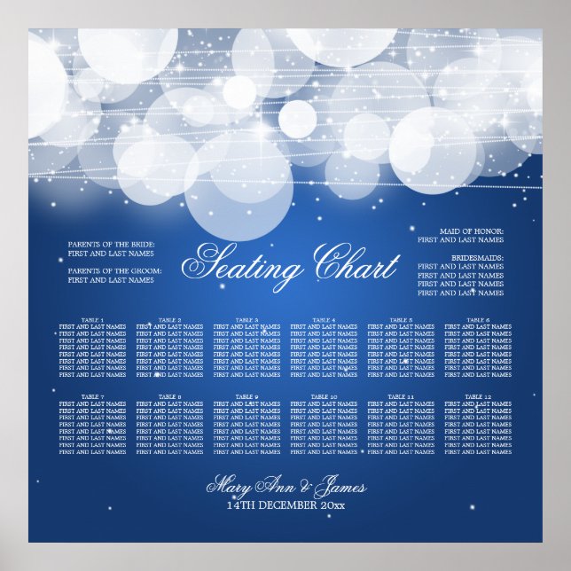 Wedding Seating Chart Glow & Sparkle Blue (Front)