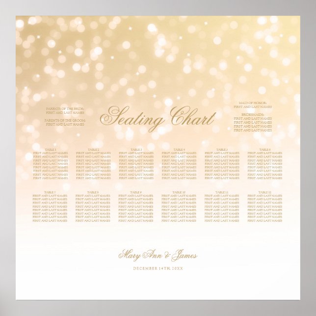 Wedding Seating Chart Gold Bokeh Sparkle Lights (Front)