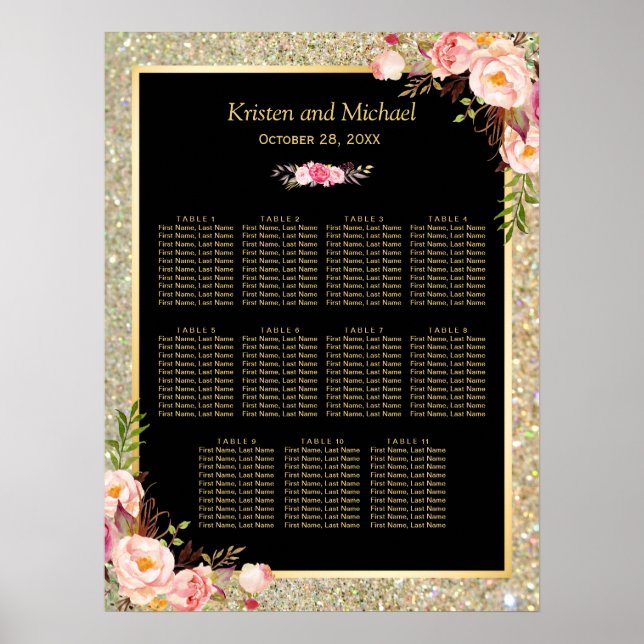 Wedding Seating Chart Gold Glitter Pink Floral (Front)
