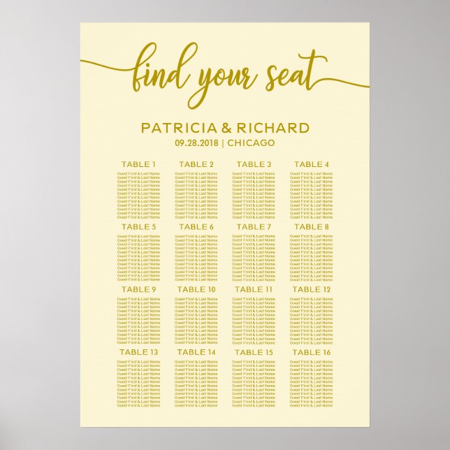 Wedding Seating Chart Gold Ivory Calligraphy (Front)