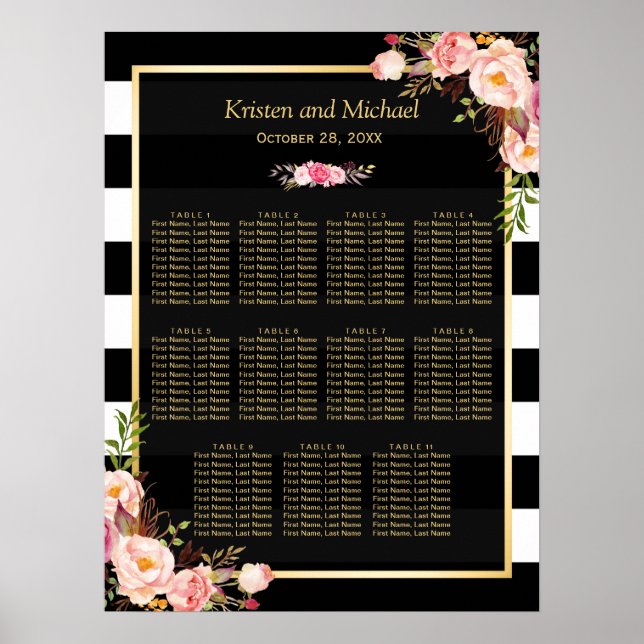Wedding Seating Chart Gold Vintage Floral Stripes (Front)