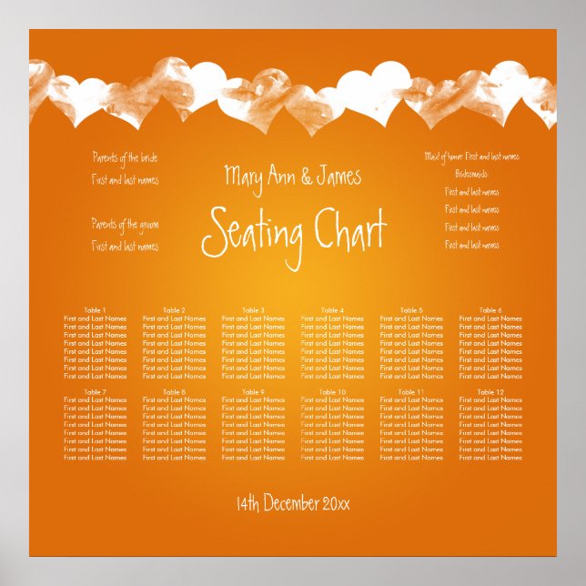 Wedding Seating Chart Grunge Hearts Orange (Front)
