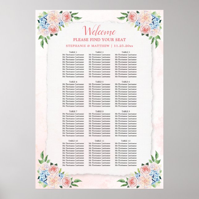 Wedding Seating Chart Hydrangea Pink Floral (Front)