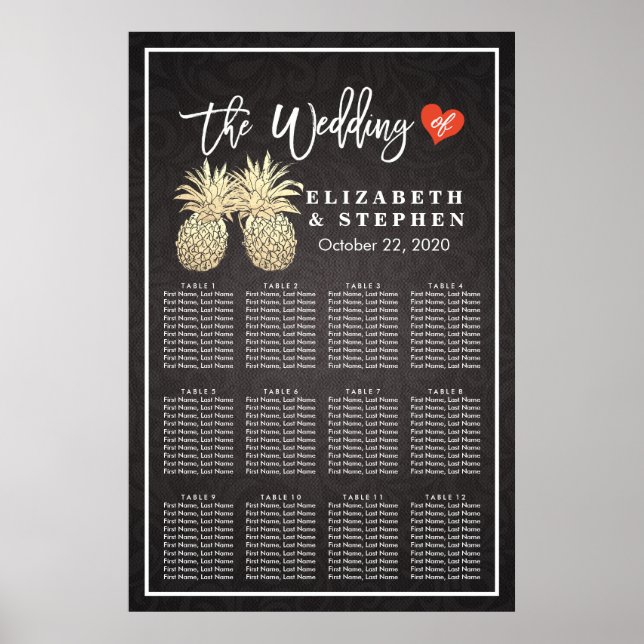Wedding Seating Chart Modern Gold Pineapple Couple (Front)
