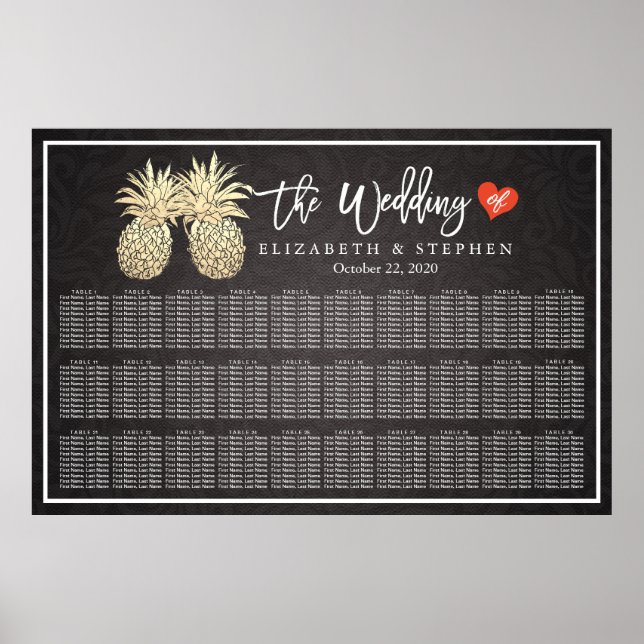 Wedding Seating Chart Modern Gold Pineapple Couple (Front)