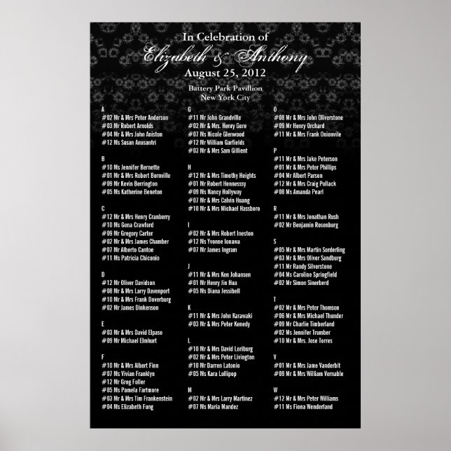 Wedding Seating Chart Poster Black Floral (Front)