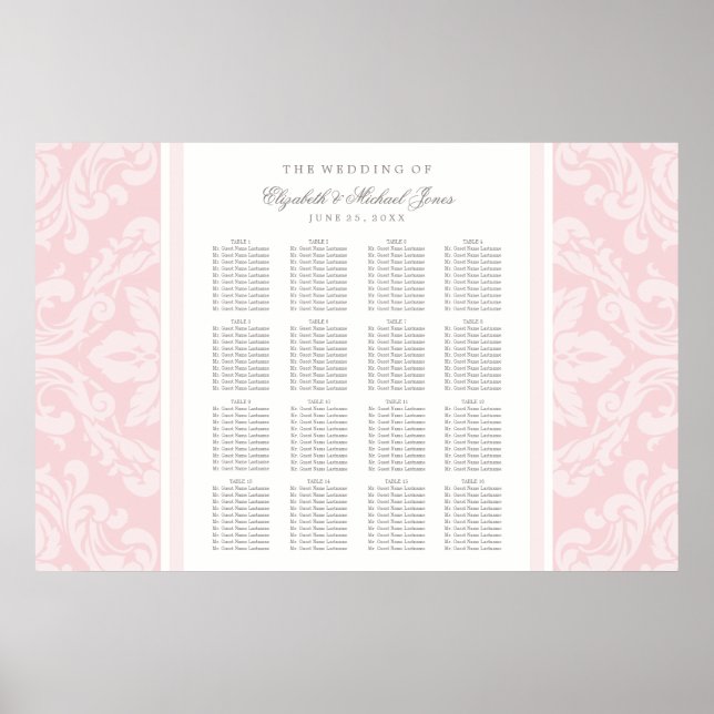Wedding Seating Chart Poster | Pink Damask (Front)