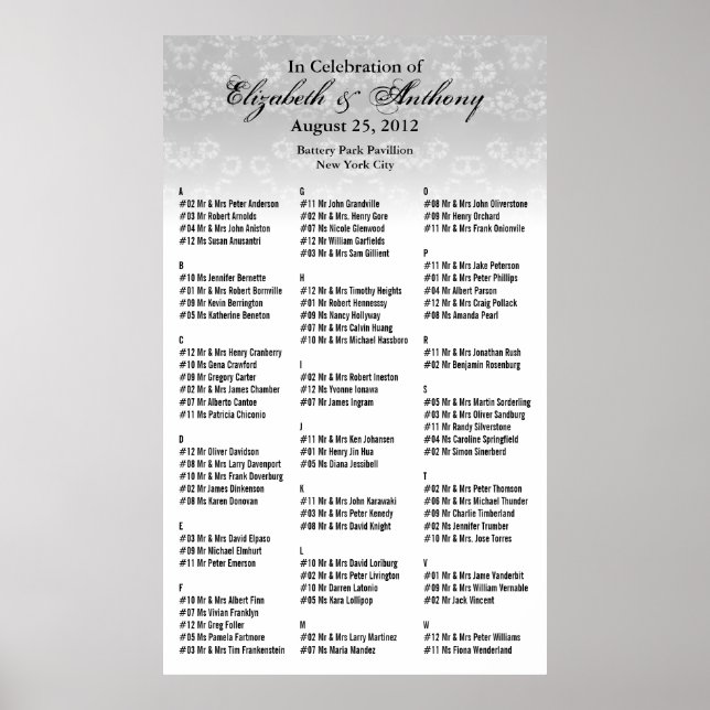 Wedding Seating Chart Poster White Floral 36x60 (Front)