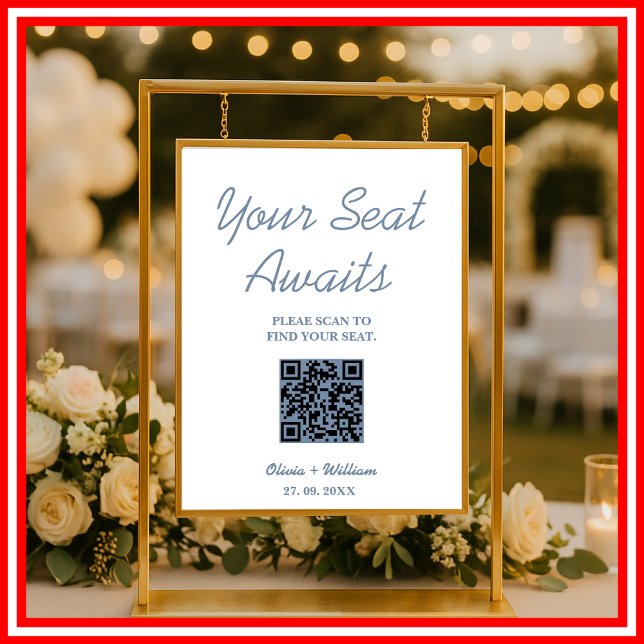 Wedding Seating Chart QR Code Dusty Blue Sign (Creator Uploaded)