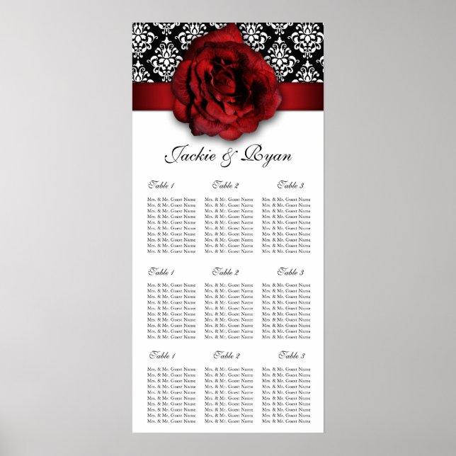 Wedding Seating Chart Red Rose Damask (Front)