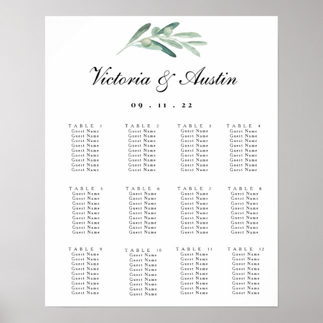 Wedding Seating Chart, Rustic, Olive Branch Poster (Front)