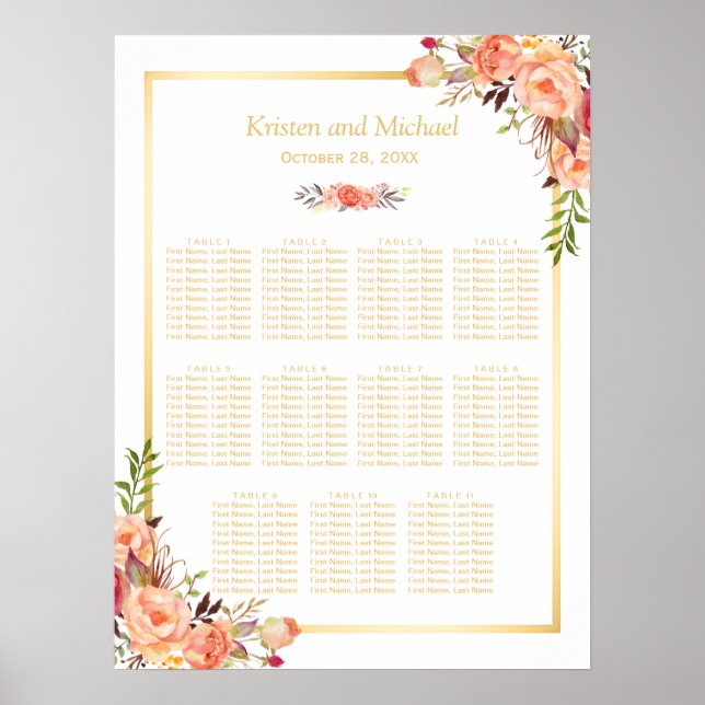 Wedding Seating Chart Rustic Orange Flowers Gold (Front)