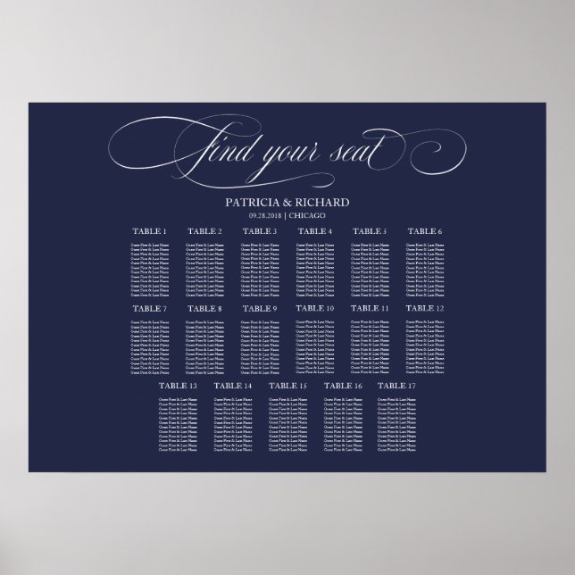 Wedding Seating Chart Sign 17 Tables Navy Blue  (Front)
