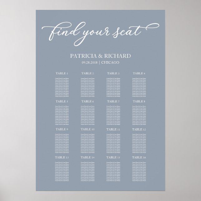 Wedding Seating Chart Sign Chic Dusty Blue (Front)
