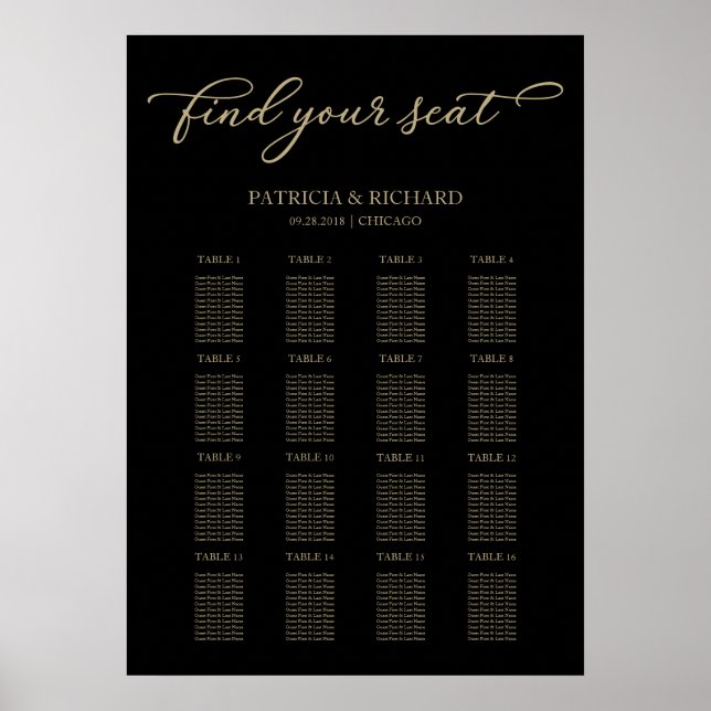 Wedding Seating Chart Sign Chic Gold Black (Front)