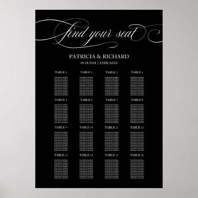 Wedding Seating Chart Sign Elegant Black (Front)