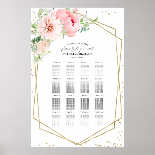Wedding Seating Chart Sign Elegant Blush Floral (Front)