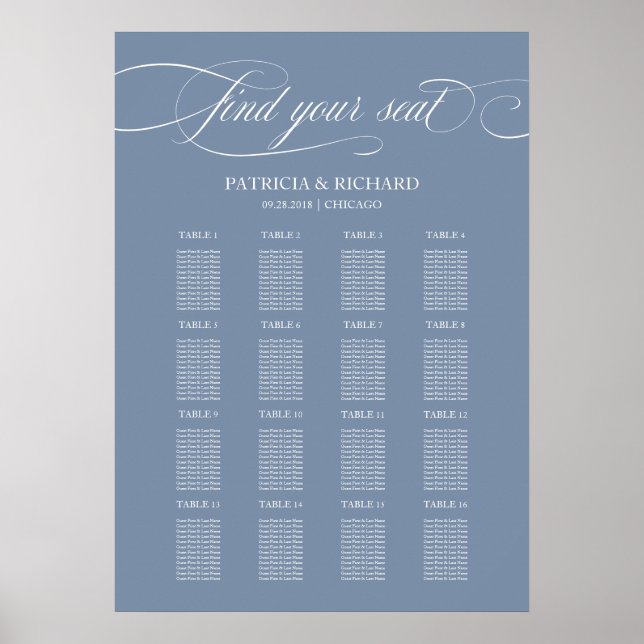 Wedding Seating Chart Sign Elegant Dusty Blue (Front)