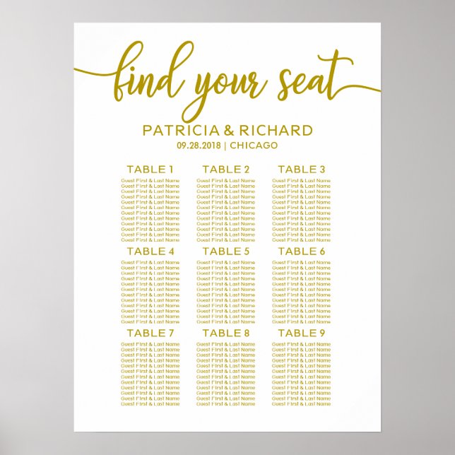 Wedding Seating Chart Sign Gold Calligraphy (Front)