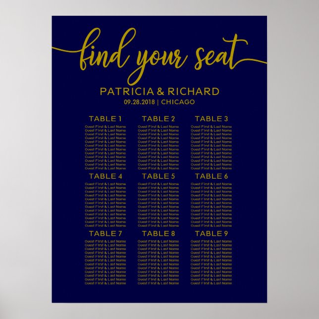 Wedding Seating Chart Sign Gold Navy Blue (Front)
