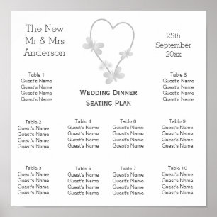 Wedding Seating Chart Silver Heart Butterflies
