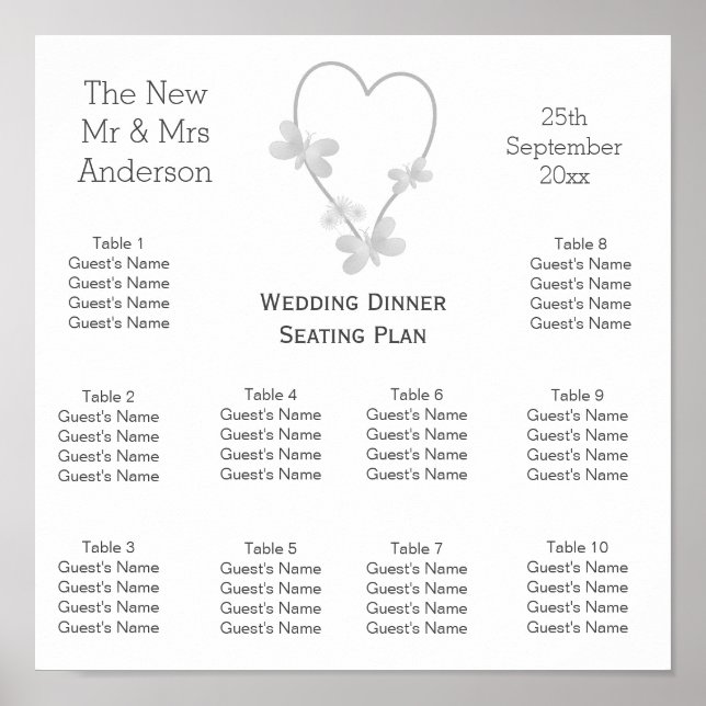 Wedding Seating Chart Silver Heart Butterflies (Front)