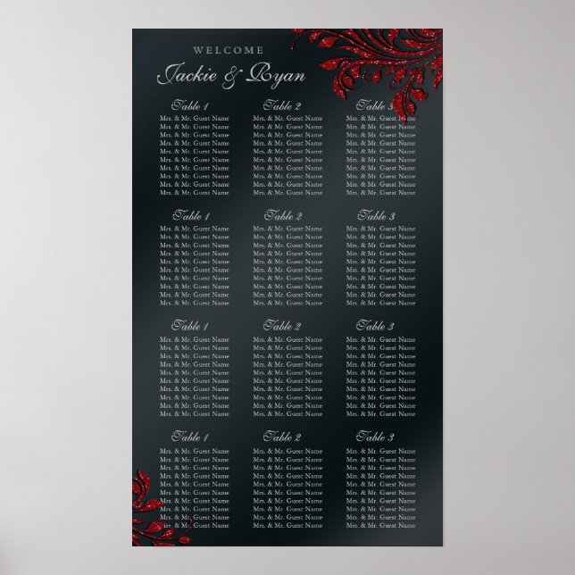 Wedding Seating Chart Silver Red Leaves Sparkle Bl (Front)